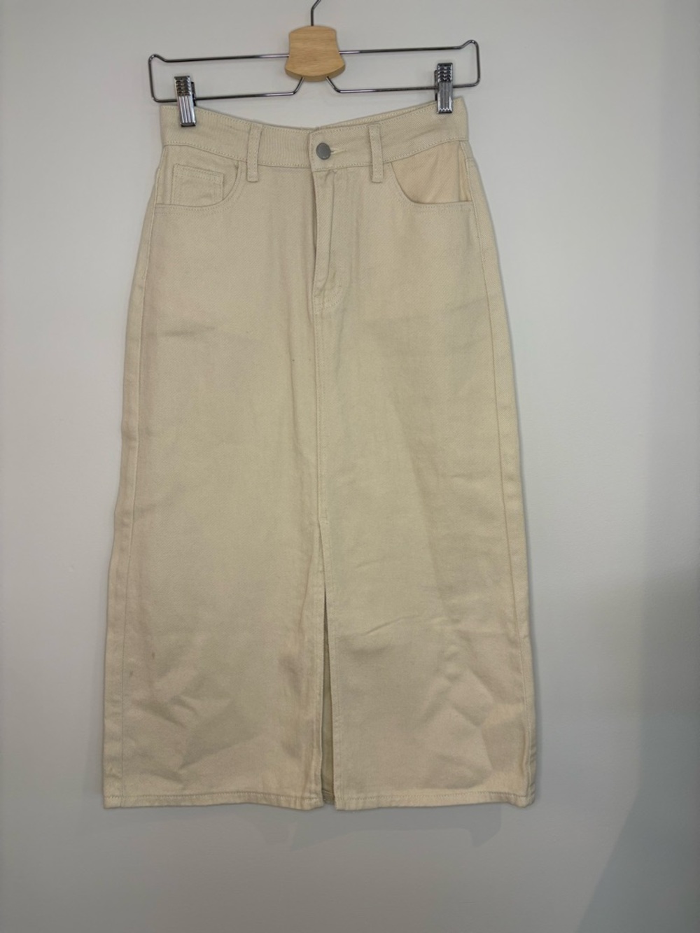 Ecru Midi Denim Skirt with Front Slit